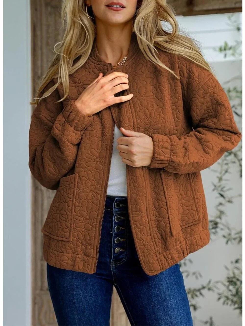 Women's Coffee Lightweight Stand Collar Long Sleeve Outerwear Bomber Jacket